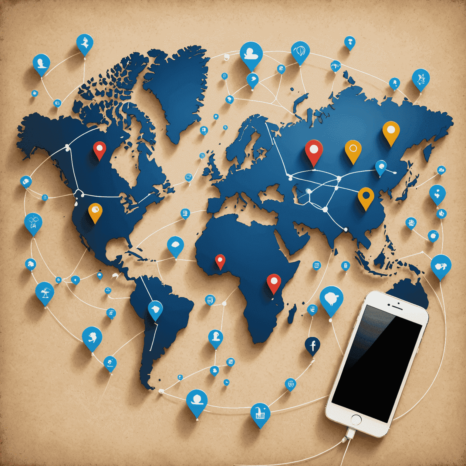 A world map with phone icons connecting different countries, symbolizing international calling
