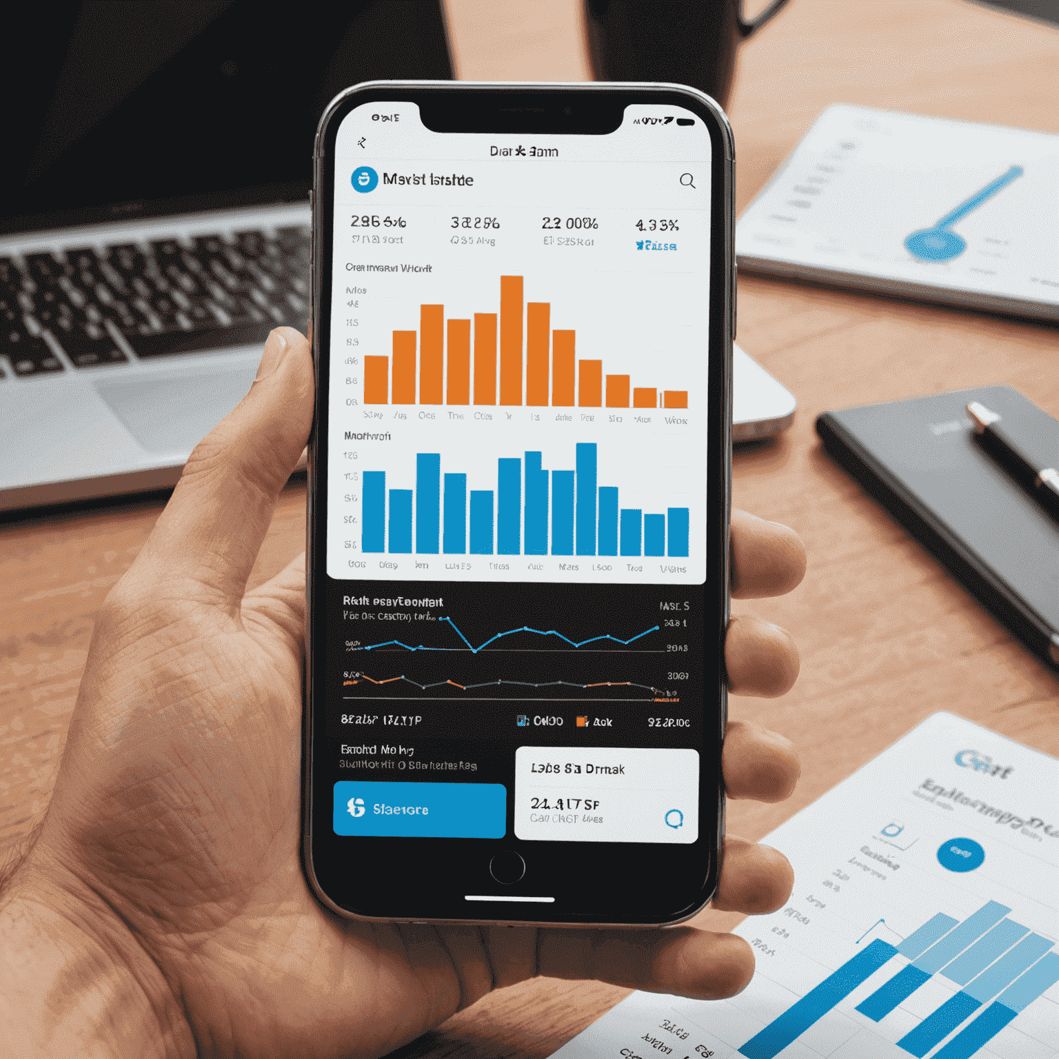 A smartphone displaying various data usage charts and graphs, showcasing different data add-on options. The image illustrates how users can easily monitor and upgrade their data plans through the AT&T prepaid service.