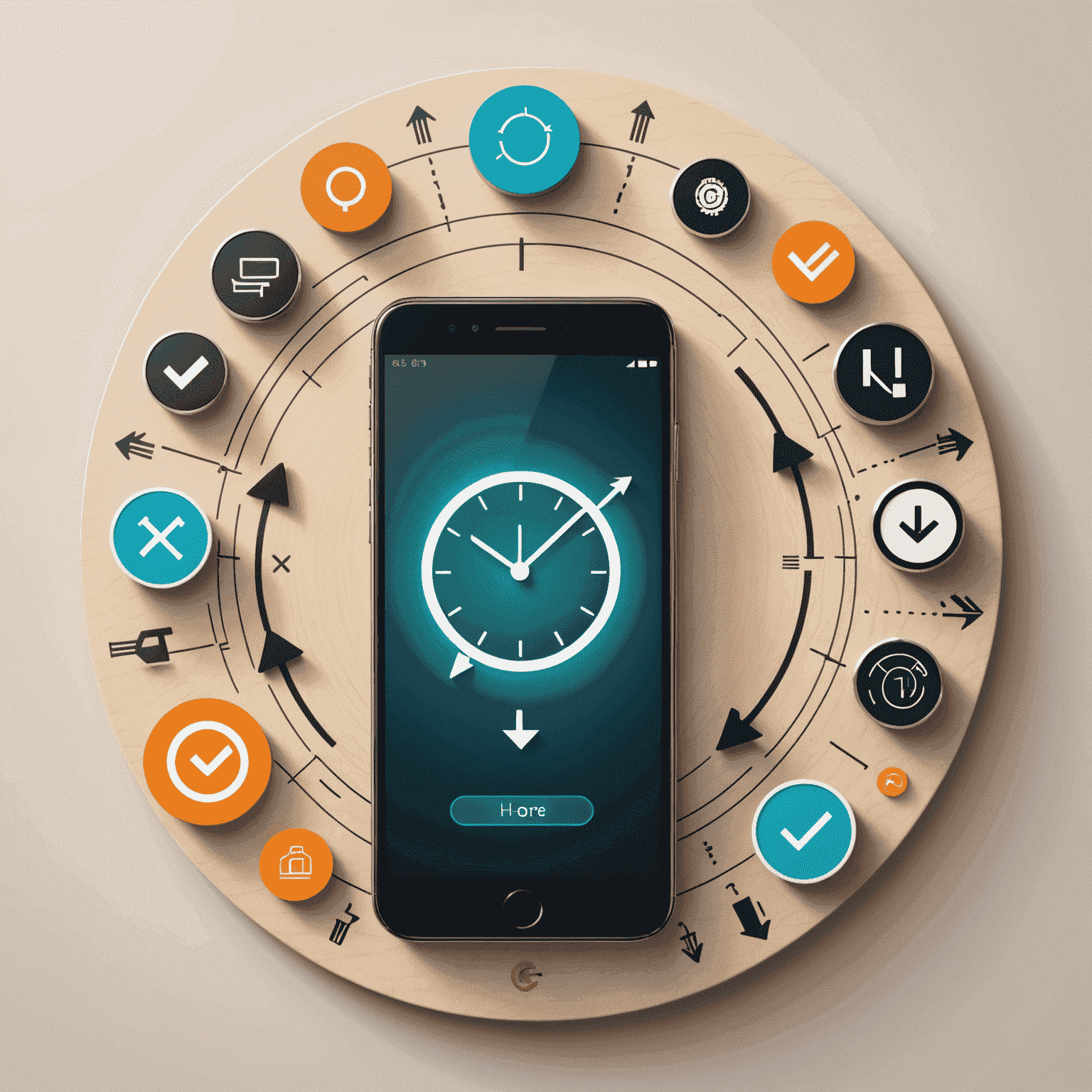 Illustration of a smartphone with a circular arrow indicating automatic recharge, surrounded by credit symbols and a clock to represent continuous service
