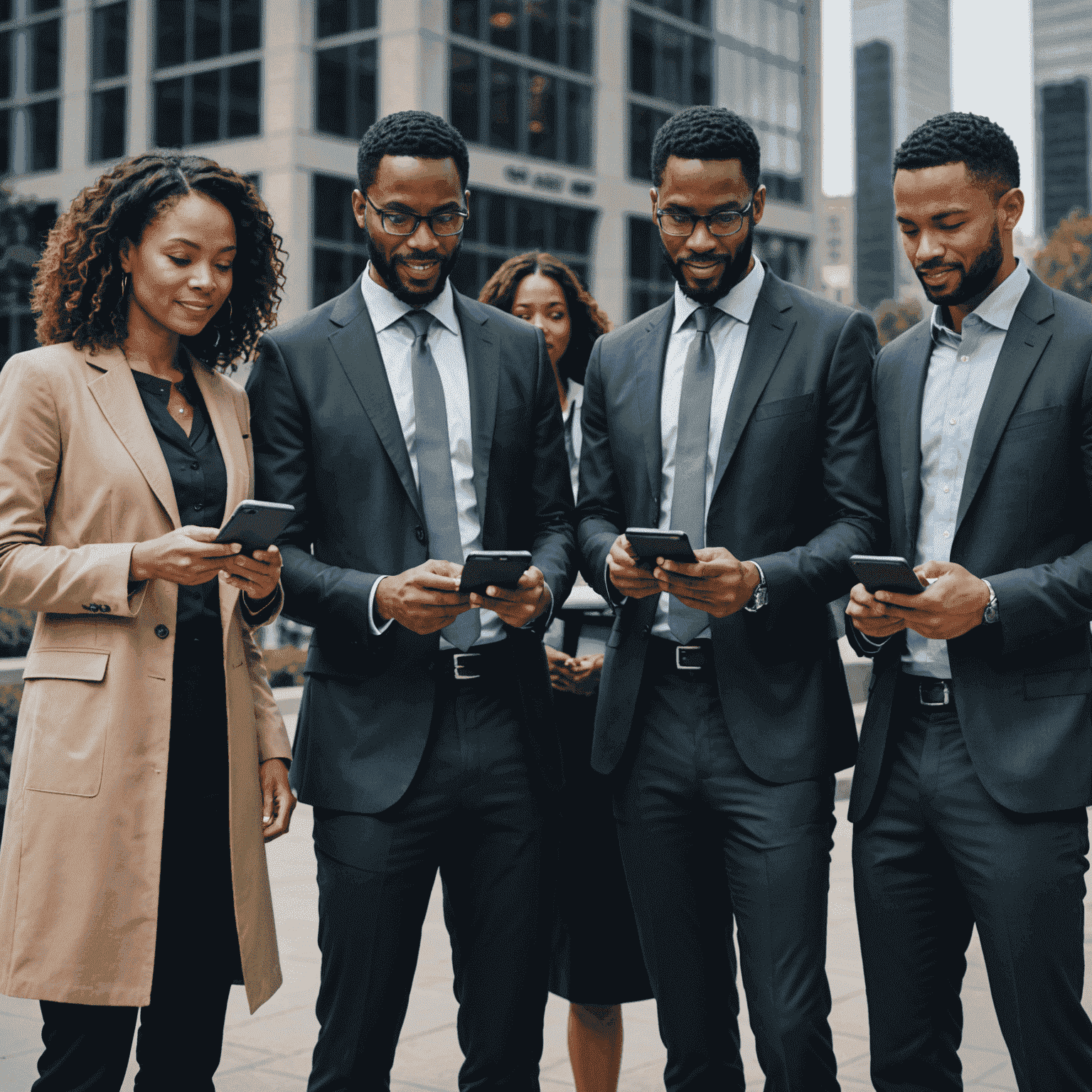A group of diverse business professionals using mobile devices, showcasing AT&T's corporate connectivity solutions