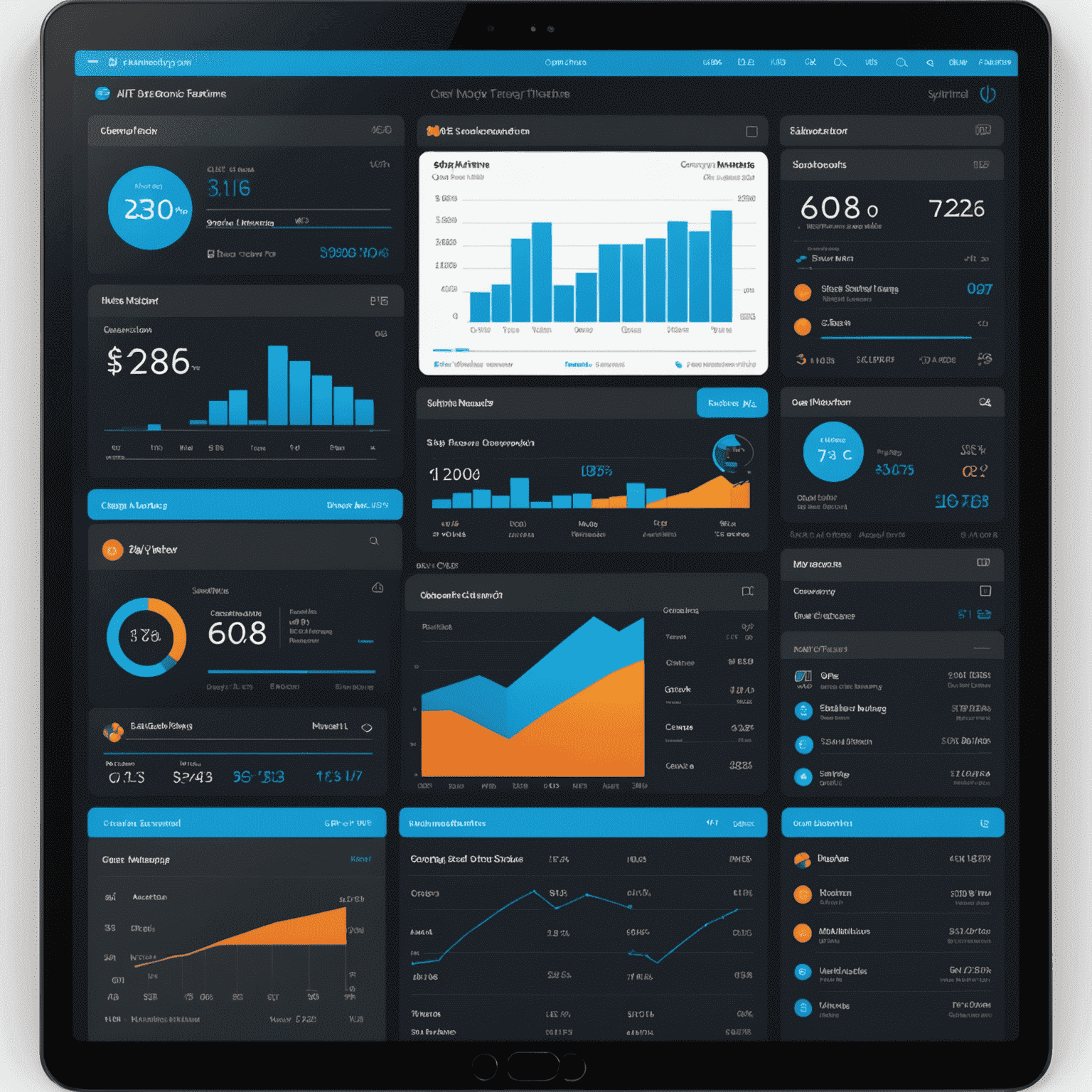 A sleek dashboard interface showing various AT&T corporate solution features including data usage, bill management, and team communication tools