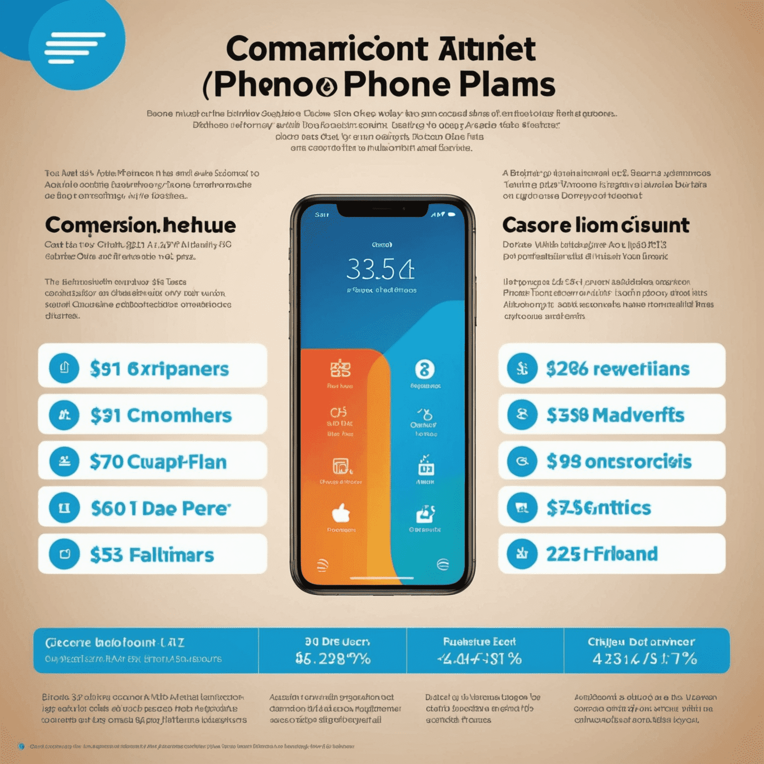 A comparison chart showing different AT&T phone plans with their features, data allowances, and prices, alongside happy customers using their phones