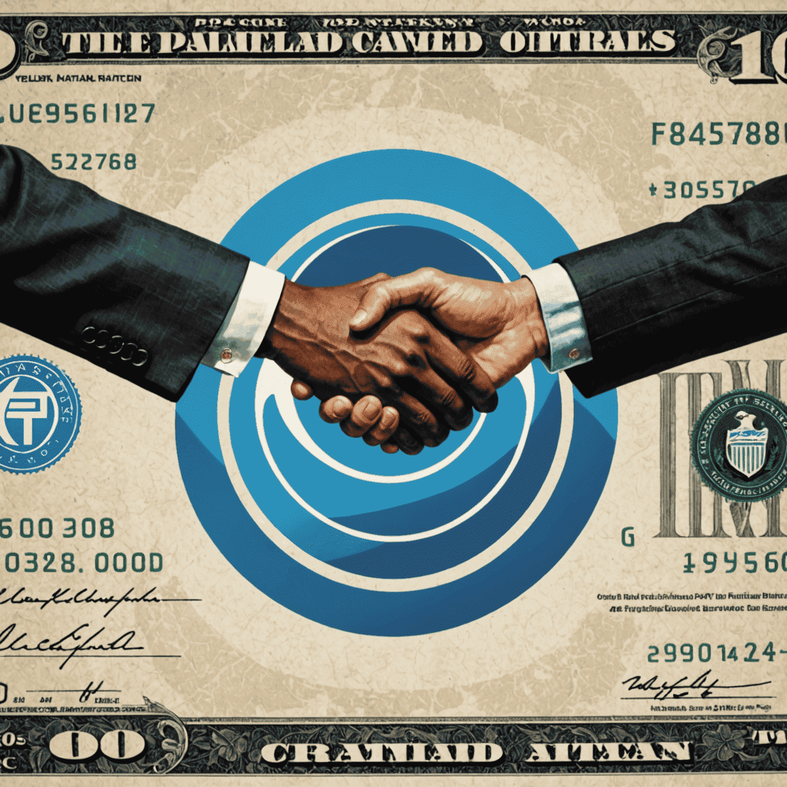 Two people shaking hands with AT&T logo and $20 bill in the background
